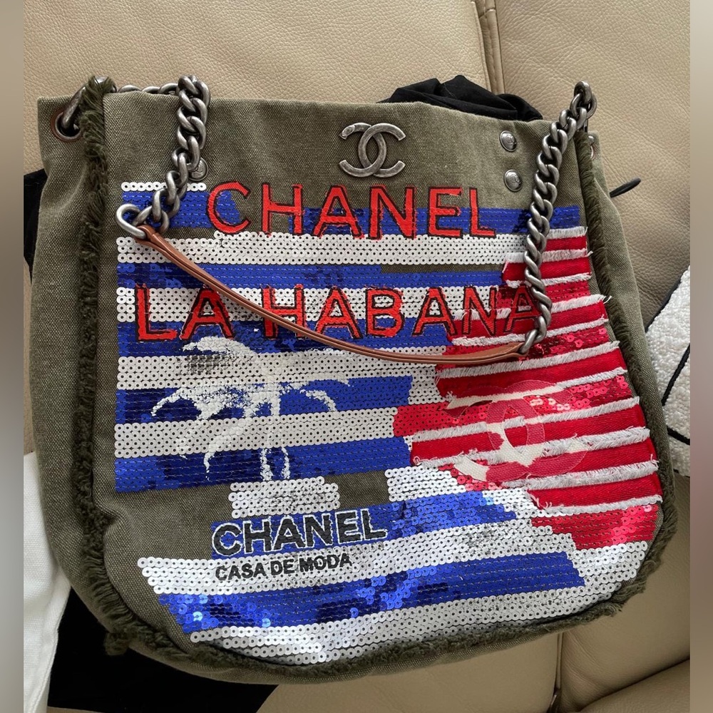 SOLD CHANEL Olive Canvas and Sqeuin Cuba La Habana bag Ruthenium Hardware,2016 - Picture 5 of 12